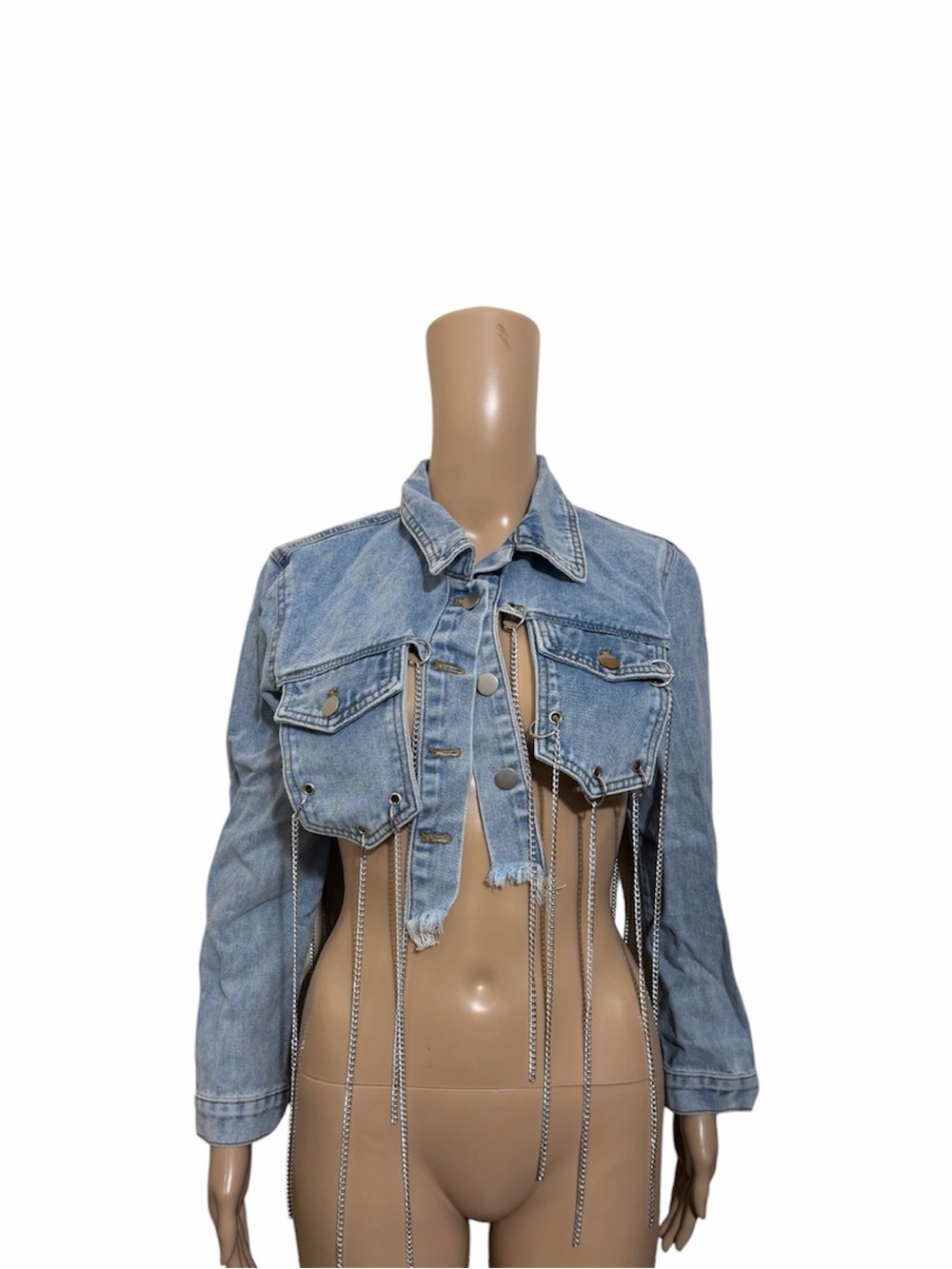 Y2K Cut Out Distressed Denim Jacket Silver Chain Fringe Festival Jacket